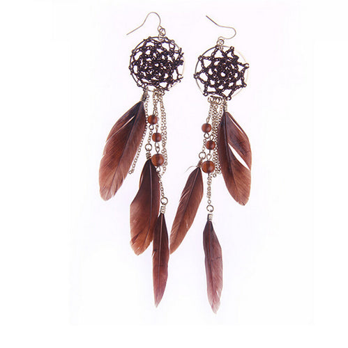 Bohemia Feather Beads Long Dream Catcher Earrings for Women Jewelry J4U66