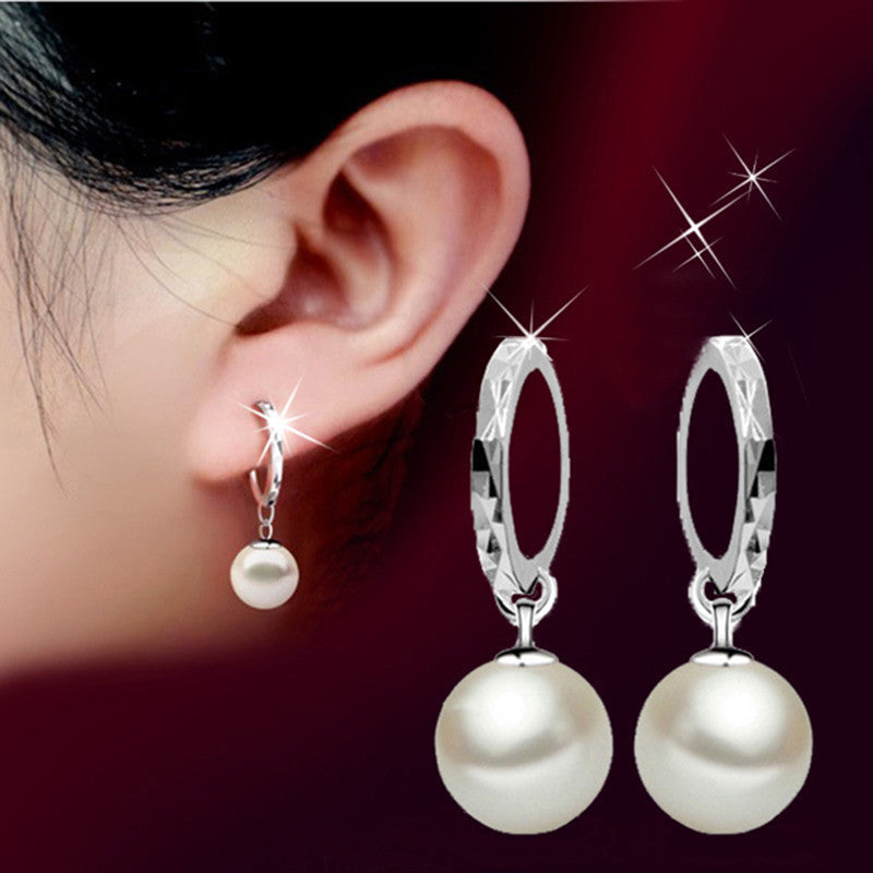 Girls Elegant Silver Pearls Pendant Ear Silver Plated Earrings Jewelry  J4U66