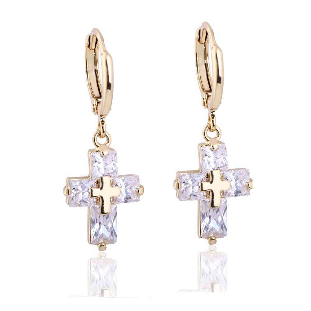 hoop earrings clear crystal zircon 18k gold plated cross dangle pendant ear earring jewelry gift for women J4U66