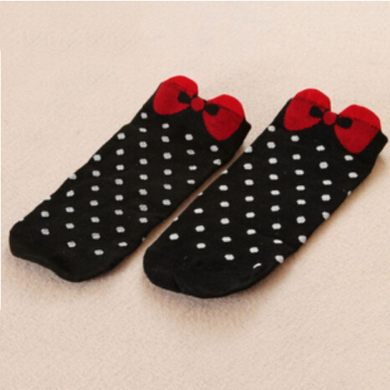 Women Cute 3D Bow Polka Dot Pattern Candy Color Cotton Blended Ankle Short Socks J4U66