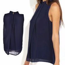 S-XL Women Chiffon Tank Top Tees Navy Sleeveless T Shirt Solid Color Lady Casual Vest Tops T-Shirt J4U66