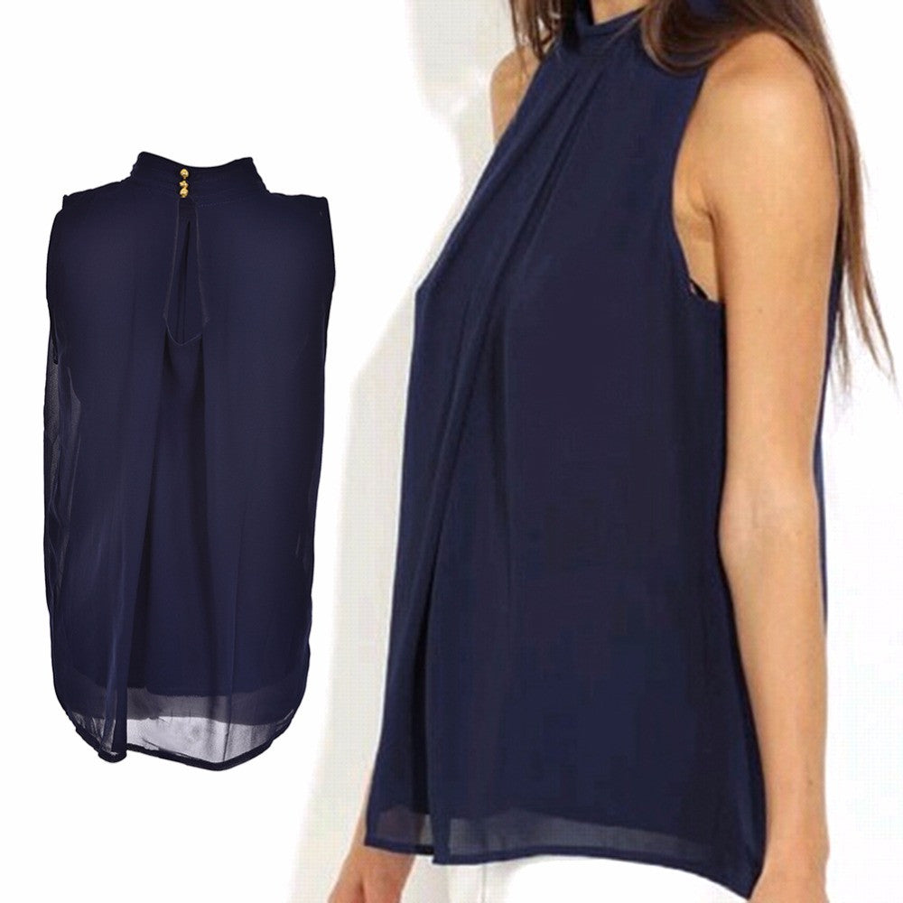 S-XL Women Chiffon Tank Top Tees Navy Sleeveless T Shirt Solid Color Lady Casual Vest Tops T-Shirt J4U66