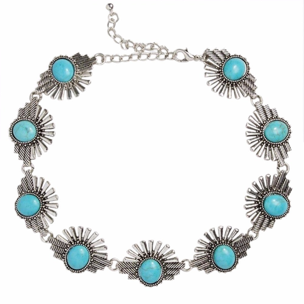 Women Charm Crystal Jewelry Pendant Chain Blue Stone Bead Choker Chunky Statement Turquoise Bib Necklace J4U66