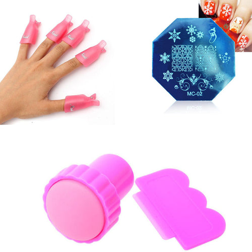 10pc Plastic Nail Art Soak Off Cap Clip UV Gel Polish Remover+Stamping Stamp Set+Stamp Stamping Plates Manicure Template J4U66