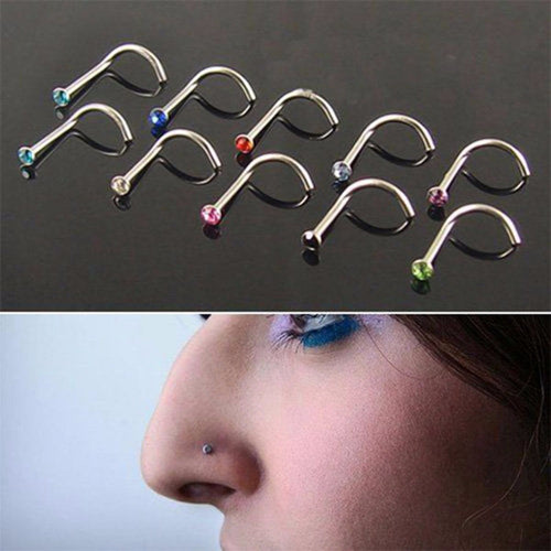 10Pcs Mix Colors Rhinestone Hook Bone Bar Pin Piercing Jewelry Nose Studs Rings J4U66