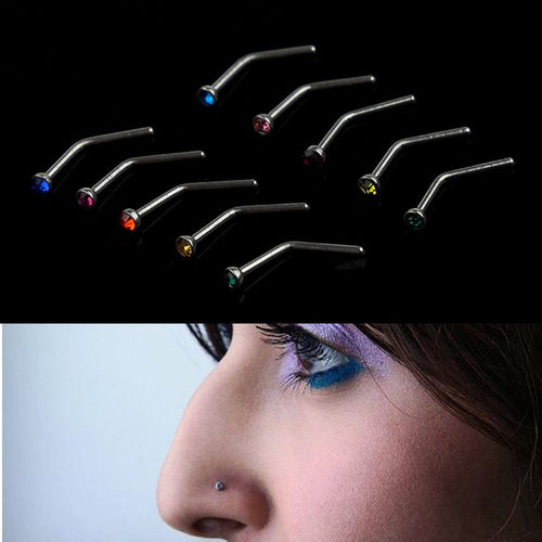 10Pcs Rhinestone Stainless Steel Screw Nose Hoop Ring Stud Body Piercing Pretty J4U66