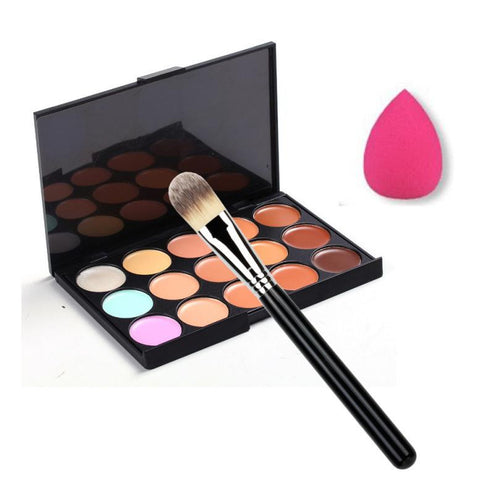 15 Color Concealer Palette + Makeup Brush + Cute Pink Sponge Puff Makeup Contour Palette Primer Makeup Corrector Brand J4U66