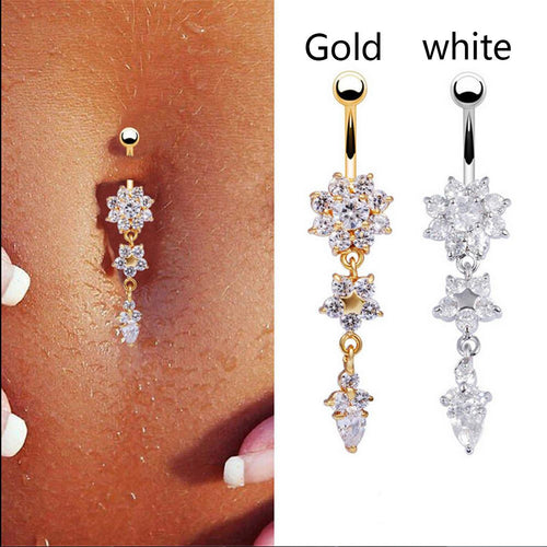18K Gold Plated Dangle Flower AAA Crystal CZ Navel Bell Button Rings Sexy Body Piercing Navel Body Jewelry J4U66