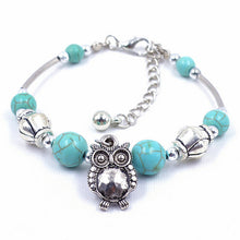 Charm Bangle Jewelry Birthday Gift Women Vintage Charm Jewelry Silver Plated Owl Turquoise Bracelets J4U66