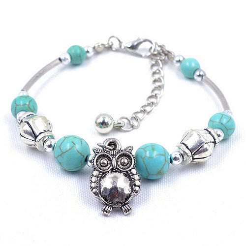 Charm Bangle Jewelry Birthday Gift Women Vintage Charm Jewelry Silver Plated Owl Turquoise Bracelets J4U66