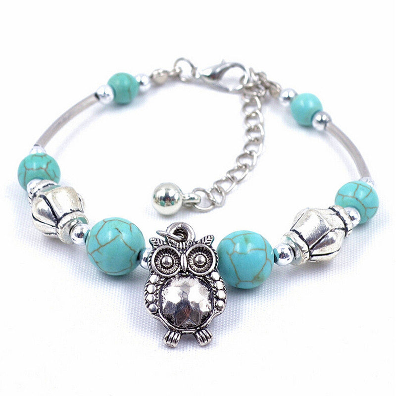 Charm Bangle Jewelry Birthday Gift Women Vintage Charm Jewelry Silver Plated Owl Turquoise Bracelets J4U66