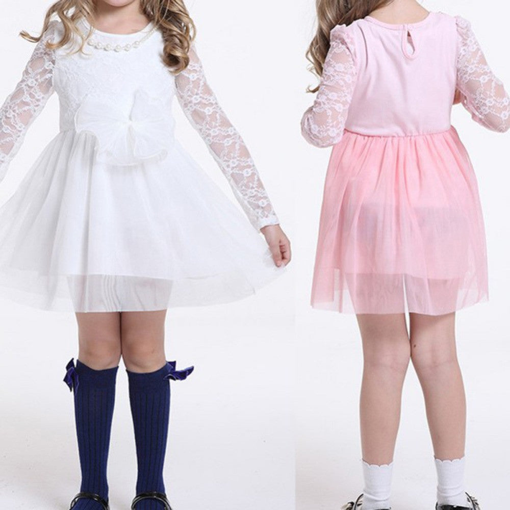 Kids Baby Girls Lace Dress Long Sleeve Princess Party Dresses Pearl Necklace 2-6 Y  J4U66