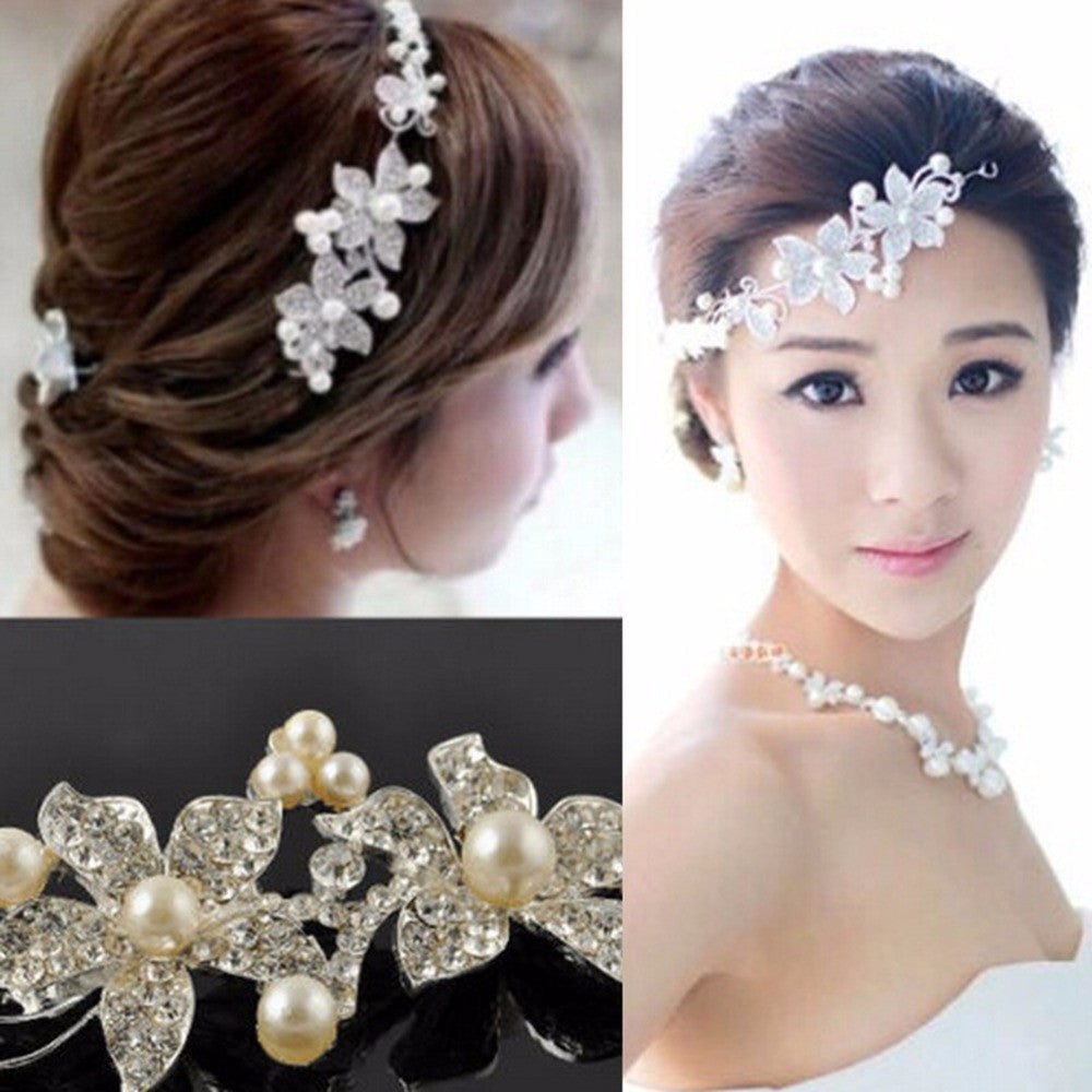 Luxury Silver Rhinestone Bridal Wedding Flower Pearls Headband Hair Clip Comb Women Jewelry  J4U66