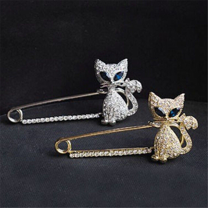 Gold Silver Plated Animal Brooches Pins Green Eye Crystal Cat Brooches  J4U66