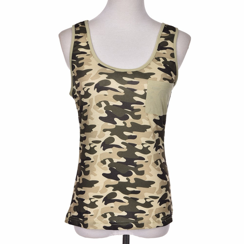 S-XXL Women Camouflage Tank Tops Lady Army Camo Sleeveless Vest Top Off Shoulder Camouflage T-Shirt Blouse with Pocket J4U66