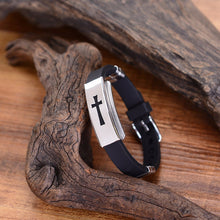 Womens Mens Cross Stainless Steel Silicone Buckle Bracelets Bangle Wristband J4U66