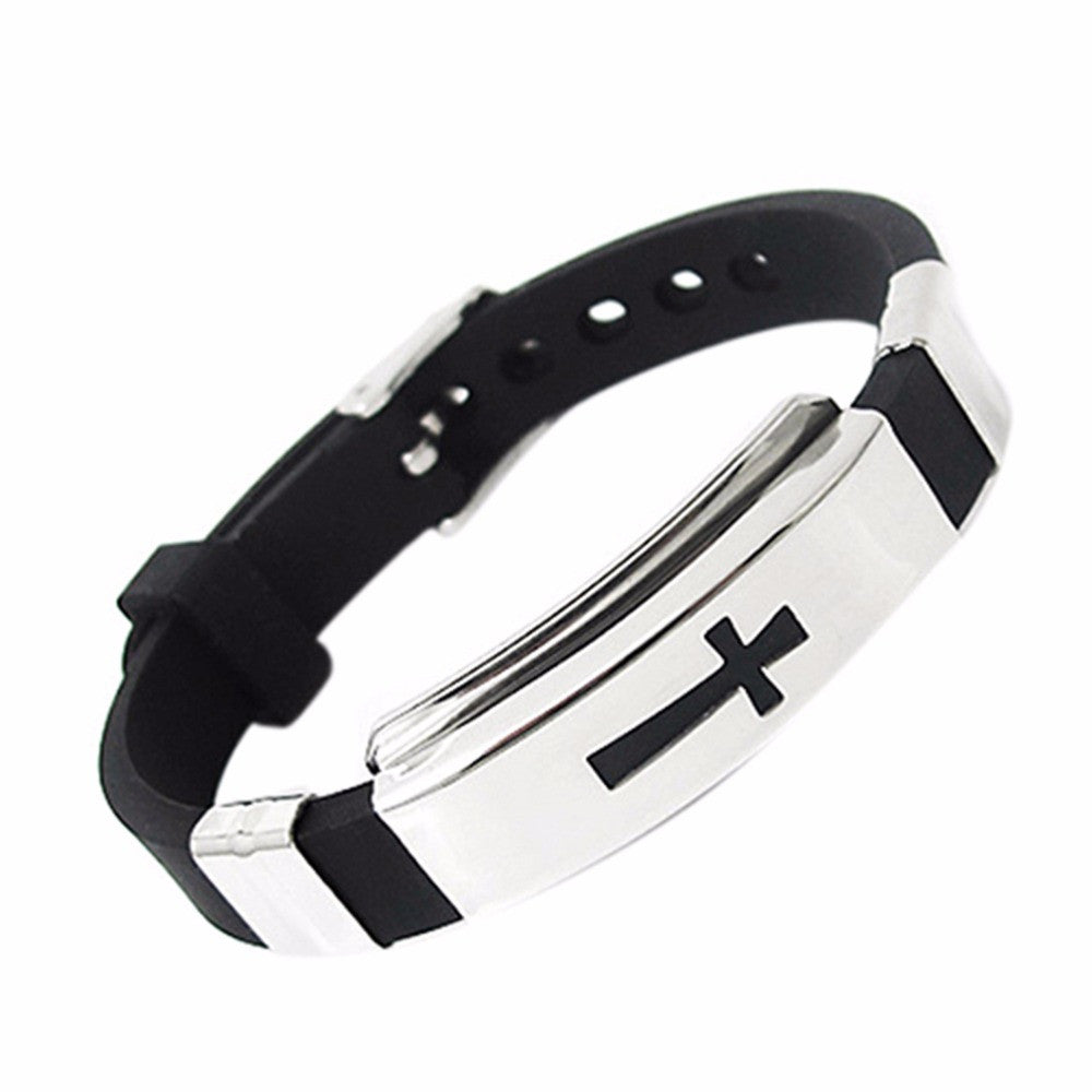 Womens Mens Cross Stainless Steel Silicone Buckle Bracelets Bangle Wristband J4U66