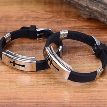 Womens Mens Cross Stainless Steel Silicone Buckle Bracelets Bangle Wristband J4U66