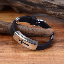 Womens Mens Cross Stainless Steel Silicone Buckle Bracelets Bangle Wristband J4U66
