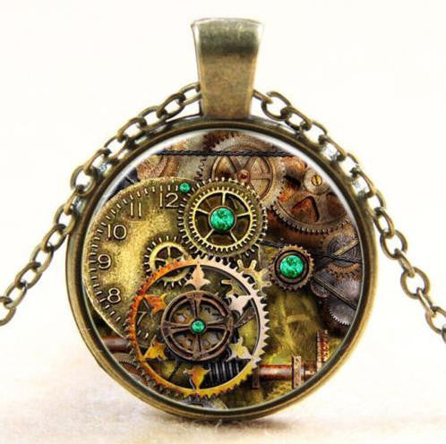 S Compass Watch Cabochon Bronze Glass Chain Pendant Necklace Chic Vintage Necklace J4U66