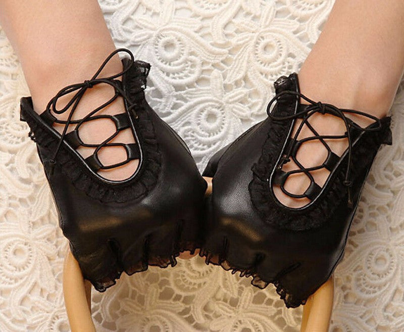 Women Faux Leather Black Gloves Half Finger Gloves Creative Women PU Leather Lace Dance Mittens J4U66