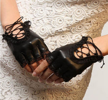 Women Faux Leather Black Gloves Half Finger Gloves Creative Women PU Leather Lace Dance Mittens J4U66