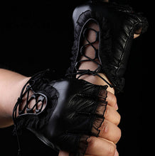 Women Faux Leather Black Gloves Half Finger Gloves Creative Women PU Leather Lace Dance Mittens J4U66