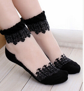 Women Lace Ruffle Ankle Sock Soft Comfy Sheer Silk Cotton Elastic Mesh Knit Frill Trim Transparent Ankle Socks J4U66