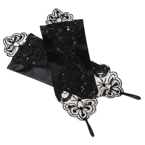 bride gloves beaded lace gloves hook finger gloves short gloves Black J4U66