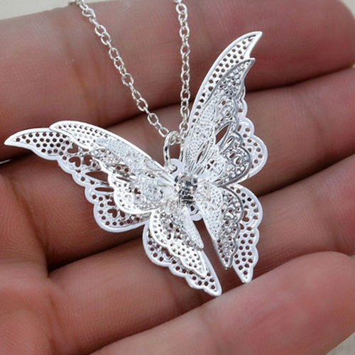 3 Layer 3D Crystal Rhinestone Silver Plated Butterfly Long Necklaces Sweater Pendants Collars Jewelry J4U66