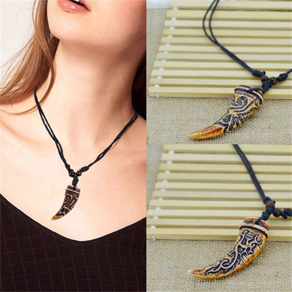 Light Brown Yak bone carving Dragon Totem Pendant Wolf Teeth Shape Women Jewelry J4U66