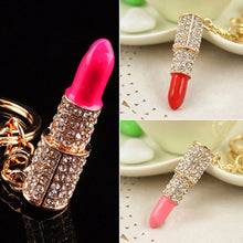 Lipstick Rhinestone Crystal Keyring Charm Pink Pendant Car Gold KeyChain For Woman Gift J4U66