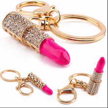 Lipstick Rhinestone Crystal Keyring Charm Pink Pendant Car Gold KeyChain For Woman Gift J4U66