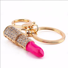Lipstick Rhinestone Crystal Keyring Charm Pink Pendant Car Gold KeyChain For Woman Gift J4U66