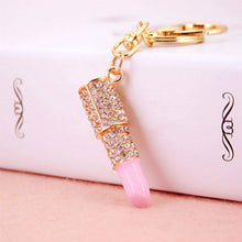 Lipstick Rhinestone Crystal Keyring Charm Pink Pendant Car Gold KeyChain For Woman Gift J4U66