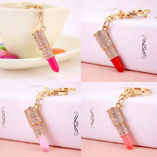 Lipstick Rhinestone Crystal Keyring Charm Pink Pendant Car Gold KeyChain For Woman Gift J4U66