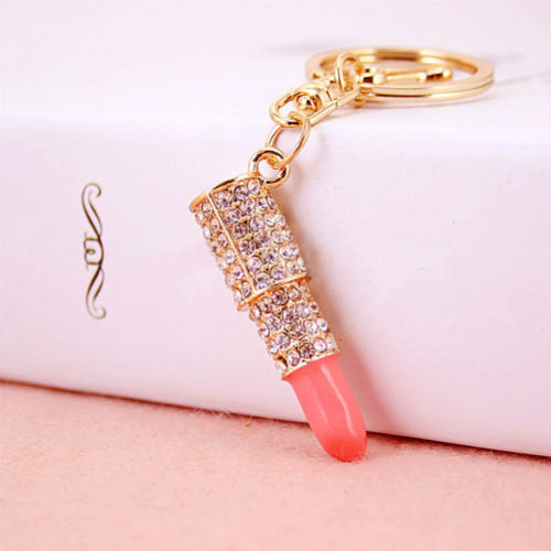 Lipstick Rhinestone Crystal Keyring Charm Pink Pendant Car Gold KeyChain For Woman Gift J4U66