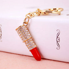 Lipstick Rhinestone Crystal Keyring Charm Pink Pendant Car Gold KeyChain For Woman Gift J4U66