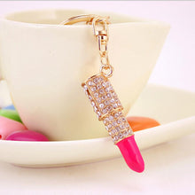 Lipstick Rhinestone Crystal Keyring Charm Pink Pendant Car Gold KeyChain For Woman Gift J4U66