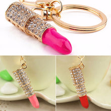Lipstick Rhinestone Crystal Keyring Charm Pink Pendant Car Gold KeyChain For Woman Gift J4U66