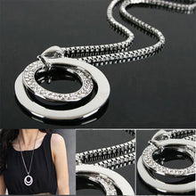 Long Chain Women Crystal Rhinestone Chunky Silver Plated Double Circle Pendant Necklace J4U66