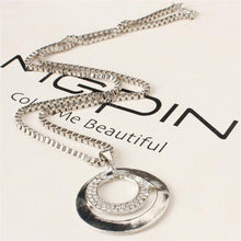 Long Chain Women Crystal Rhinestone Chunky Silver Plated Double Circle Pendant Necklace J4U66