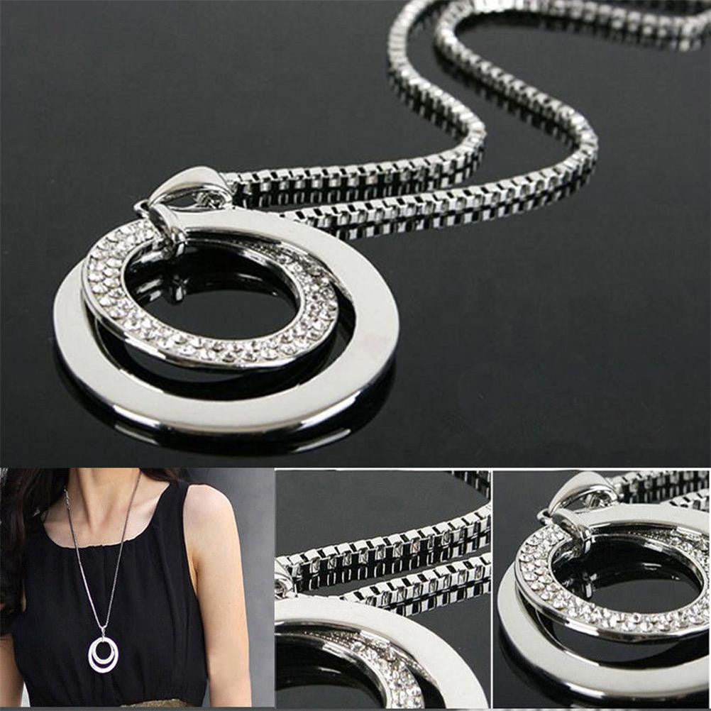 Long Chain Women Crystal Rhinestone Chunky Silver Plated Double Circle Pendant Necklace J4U66