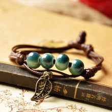 Braided Bronze Leaf Beads Features Ceramic Vintage Pendant Bracelet Jewelry J4U66