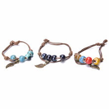 Braided Bronze Leaf Beads Features Ceramic Vintage Pendant Bracelet Jewelry J4U66