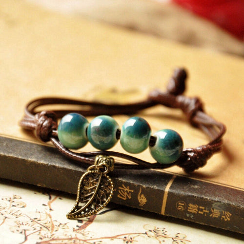 Braided Bronze Leaf Beads Features Ceramic Vintage Pendant Bracelet Jewelry J4U66