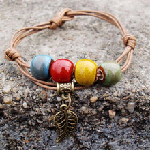 Braided Bronze Leaf Beads Features Ceramic Vintage Pendant Bracelet Jewelry J4U66