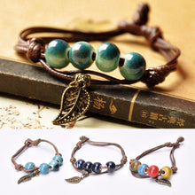 Braided Bronze Leaf Beads Features Ceramic Vintage Pendant Bracelet Jewelry J4U66