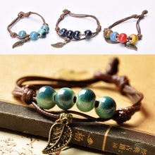 Braided Bronze Leaf Beads Features Ceramic Vintage Pendant Bracelet Jewelry J4U66