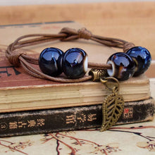 Braided Bronze Leaf Beads Features Ceramic Vintage Pendant Bracelet Jewelry J4U66